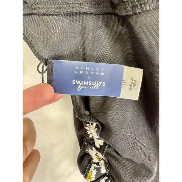 Ashley Graham One Piece Swimsuit Size 10 Black Daisy Floral A-List Plunge Ties - Picture 8 of 12